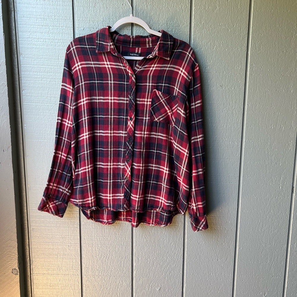 Well Worn Red White Blue Plaid Flannel Western Fall Winter Button Down